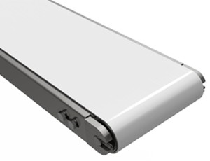 A flat belt conveyor made with a sanitary stainless steel frame.